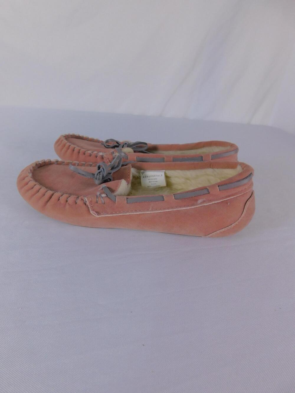 Aeropostale Moccasin Slippers Womens Size 8 Pink Faux Fur Lined Bow Slip On